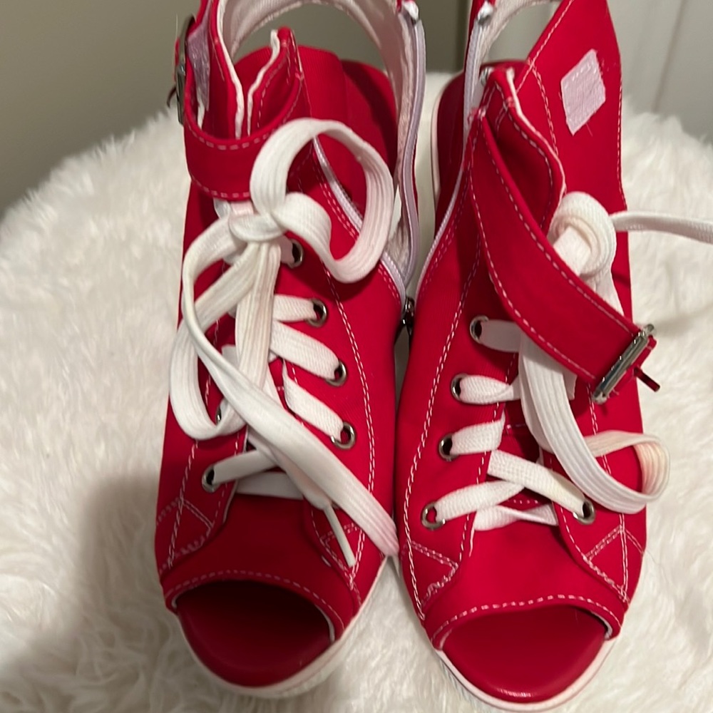 Red platform open toe canvas sneakers